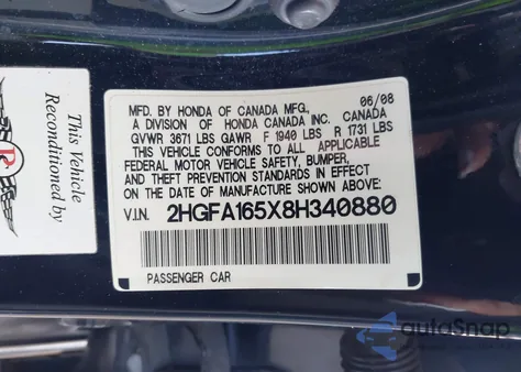 2008 Honda Civic Lx from USA, damaged, VIN 2HGFA165X8H340880